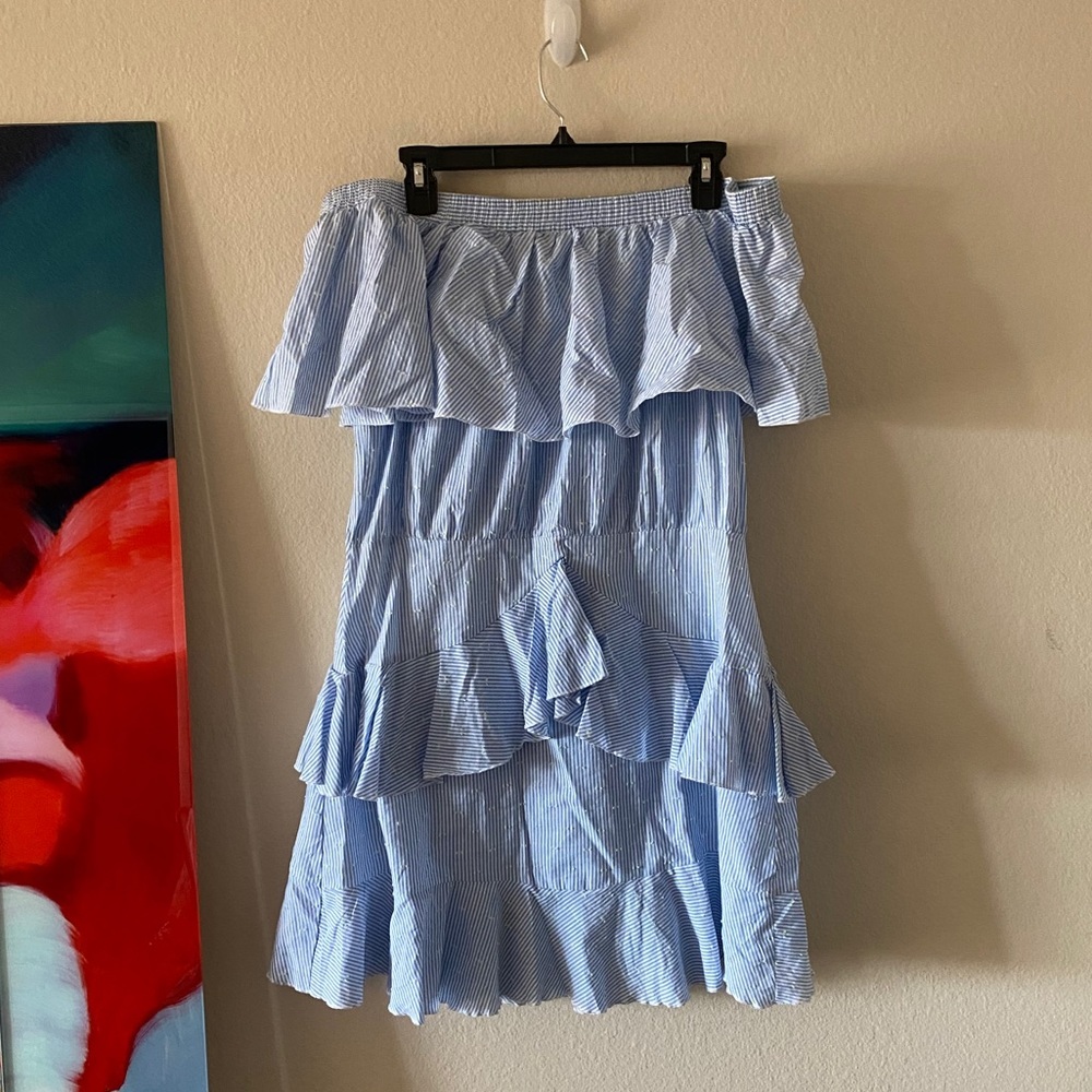 Strapless Striped Blue Ruffle Dress